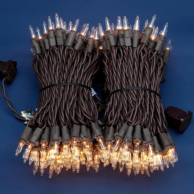 200 Count Clear Christmas Lights, Pack of 2 Strands 100 Count 33 ft Brown Cord UL Listed Holiday String Light (Clear-Brown Wire)