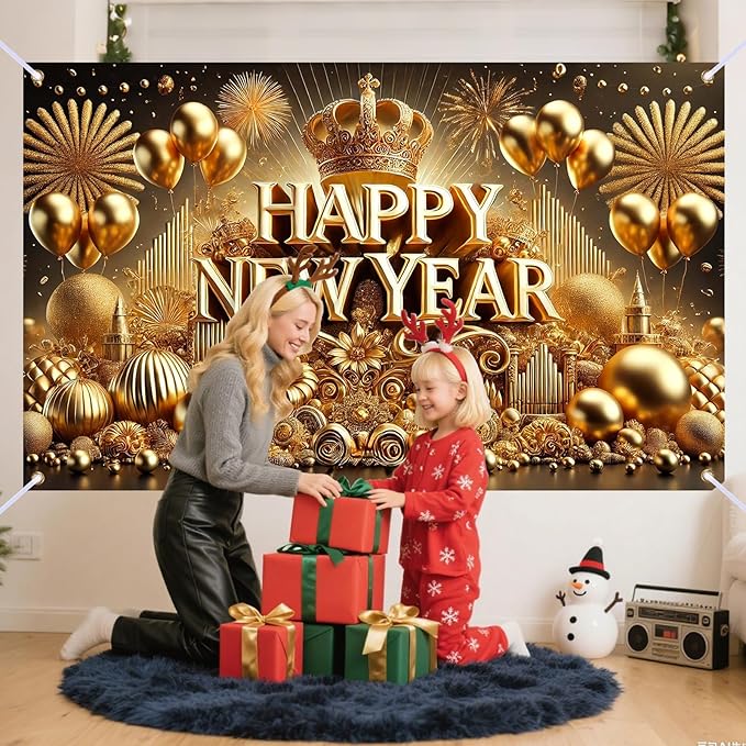 Nuxovilar Happy New Year Banner, Golden Snowflakes Glittery Backdrop for Party Decorations, 71x43 Inch