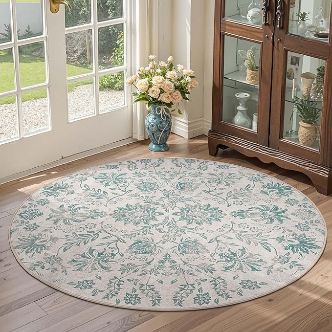 jinchan Classic Floral Round Rug 4ft Vintage-Inspired Design 4’Circle Rug, Machine Washable Ultra-Thin Low-Pile Non-Slip Indoor Carpet for Bedroom Dining Room Living Room Entryway