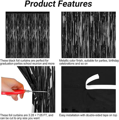 2 Pack 2025 Graduation Party Decorations, 3.28 FT x 7.05 FT Black Backdrop, Metallic Graduation Photo Backdrop Fringe Curtains Tinsel Backdrop Foil Streamer, Grad Party Supplies Photo Booth Props