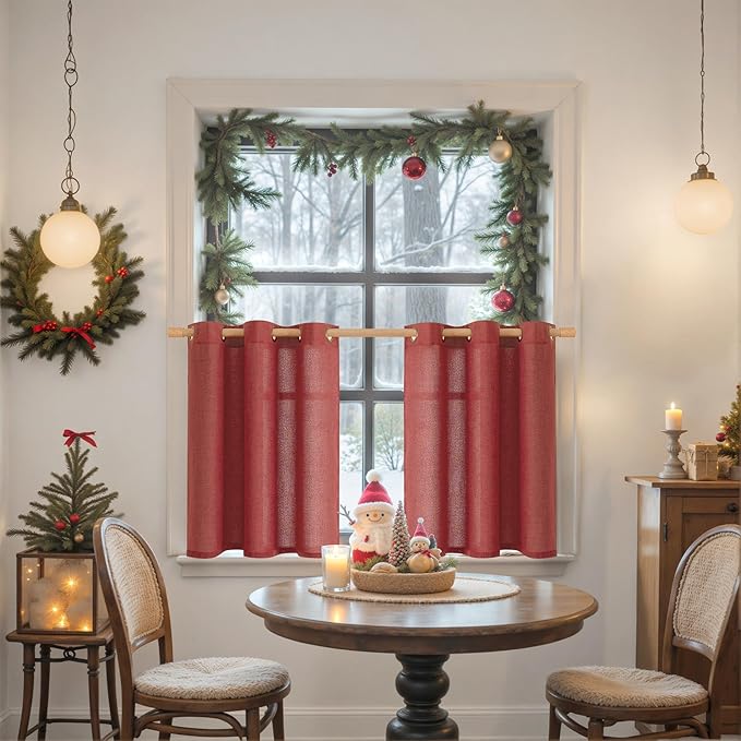 YoungsTex Red Linen Kitchen Curtains 36 Inch Length, Short Light Filtering Drapes Semi Sheer with Bronze Grommet Christmas Decor for Cafe Bathroom Window, 42 x 36 Inch, 2 Panels