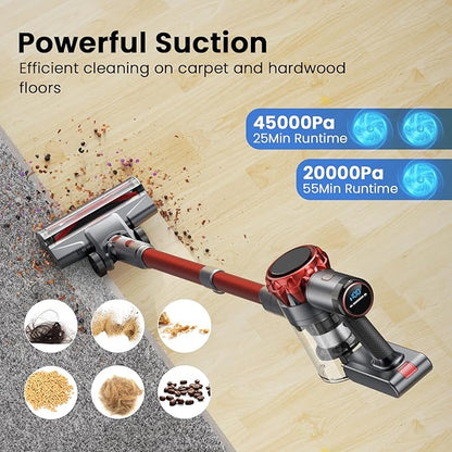 S3 Cordless Vacuum Cleaner, 45kPa Powerful Vacuum Cleaners for Home, 55-Min Runtime Rechargeable Stick Vacuum, Self-Standing, for Pet Hair Carpet Hard Floor, LED Display