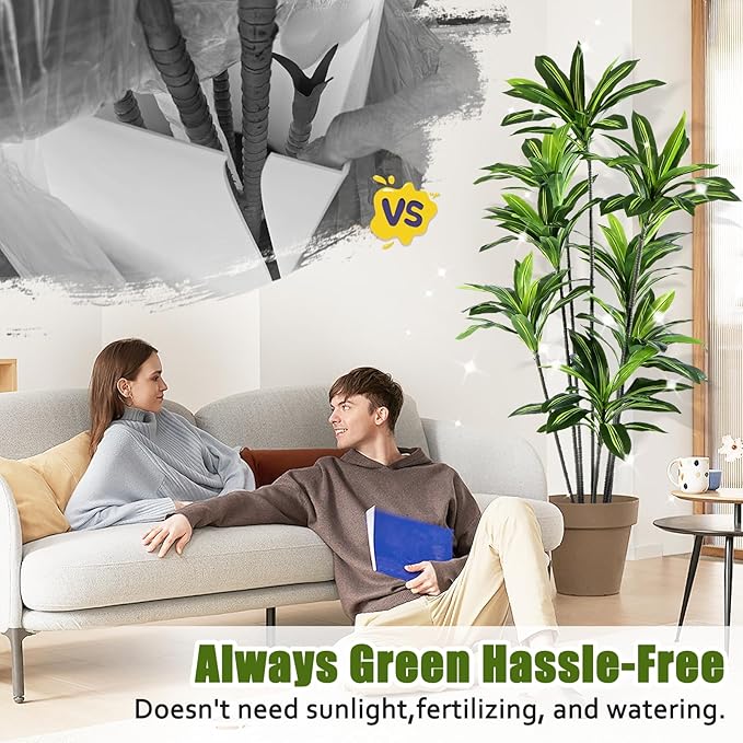 Dracaena Artificial Plant Indoor 6FT - Large Tropical Fake Tree with Lifelike Leaves - Tall Faux Floor Plant in Pot - Artificial Dracaena Tree Indoor for Home Office Living Room Decor