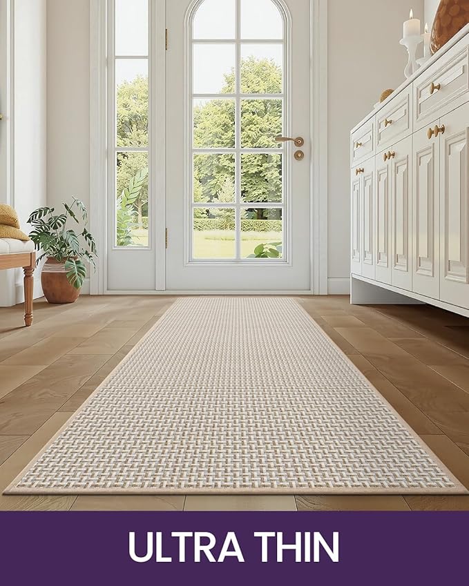 DEXI Hallway Runner Rug 2'4''x8', Non Slip Rubber Backed Runners Carpet, Ultra Thin Entryway Rugs Indoor for Kitchen Hallway Entrance Bedroom, White and Beige