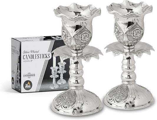 Ner Mitzvah Silver Plated Candlesticks, Pair of 4 Inch Ornate Candle Holders with Round Base and Floral Design (Pack of 2)