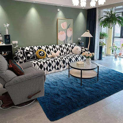 DweIke Luxury Fluffy Kids Rugs for Living Room Bedroom, 6x9 Large Shaggy Gradient Navy Blue Area Rug for Girls Boys, Upgrade Plush Non-Slip and Washable Colorful Fuzzy Carpet for Dorm Nursery Decor