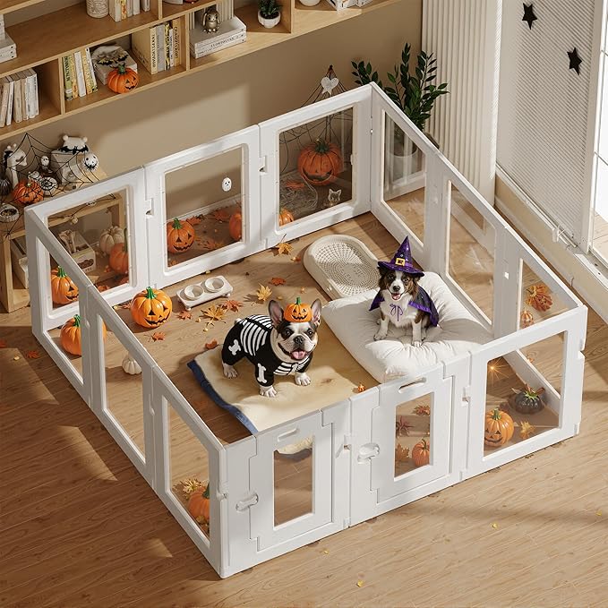 Clear Acrylic Dog Playpen Indoor, Puppy Cat Small Pet Play Pen, Easy Assemble & Disassemble Sturdy Plastic Dog Fence with Heavy Duty Door Lock (24In H, 12Panels), White