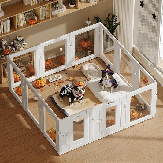Clear Acrylic Dog Playpen Indoor, Puppy Cat Small Pet Play Pen, Easy Assemble & Disassemble Sturdy Plastic Dog Fence with Heavy Duty Door Lock (24In H, 12Panels), White