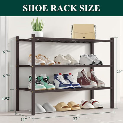 Smiry Shoe Rack, 3 Tier Bamboo Shoe Organizer, Stackable Free Standing Wooden Shoe Storage Shelf for Closet, Entryway, Front Door Entrance, Brown