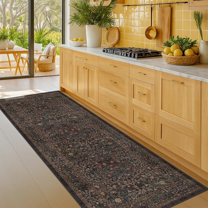 Brown Boho Washable 2x6 Runner Rugs for Hallway, Kitchen, Bedroom Bedside, Laundry Room, Bathroom Rug, Pet & Kids Friendly, Non Slip Low Pile Stain Resistant Soft Long Floral 24 x 72 Floor Carpet
