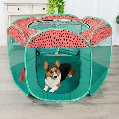 Furhaven Portable Dog Playpen Cat Tent, Pet Playground,Kennel Foldable Indoor Outdoor Zippered Puppy Crate - Green & Pink, Large