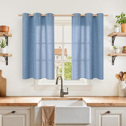 YoungsTex Denim Blue Linen Kitchen Window Curtains 40 Inches Long, Semi Sheer Short Drapes with Bronze Grommet Privacy Light Filtering for Bathroom Cafe Windows, 42 x 40 Inch, 2 Panels