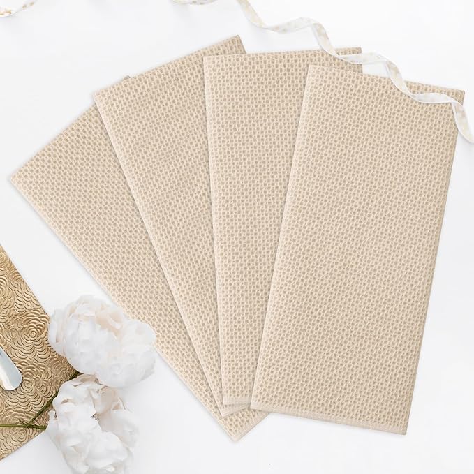 Kitinjoy 100% Cotton Waffle Weave Kitchen Towels, 4-Pack Super Soft and Absorbent Dish Towels for Drying Dishes, Kitchen Hand Towels, 20 in x 28 in, Beige