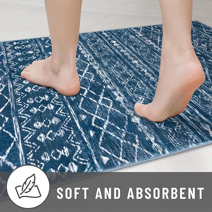 KUTA Moroccan Washable Hallway Runner Rug, 2x6 Non-Slip Vintage Blue Boho Rugs Kitchen Runners Ultra Soft Distressed Geometric Floor Carpet for Bedroom Laundry Living Room