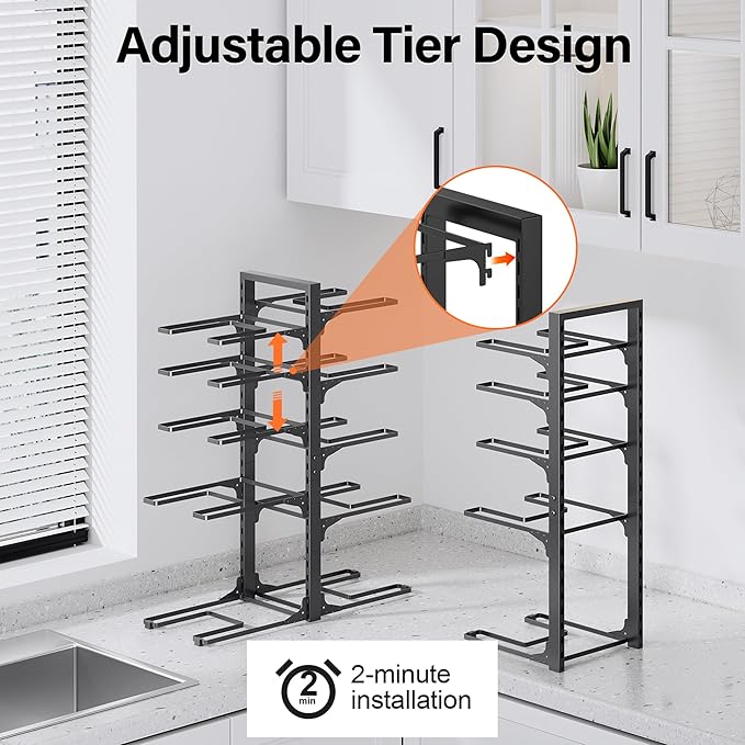 MUDEELA 10-Tier Pots and Pans Organizer under Cabinet, Heavy Duty Adjustable Pot Pan Organizers inside Cabinet, Kitchen Cabinet Organizers and Storage for Big Stockpots, Heavy Cookware