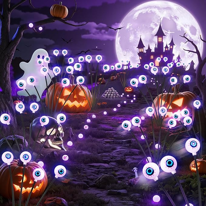 Halloween Outdoor Decorations, Solar Scary Eyeball Lights, 4PACKS 24LED Solar Eyeball Pathway Lights, Steady On & Flash Outdoor Halloween, IP65 Waterproof decorations for Yard/Lawn/Decor(Purple)