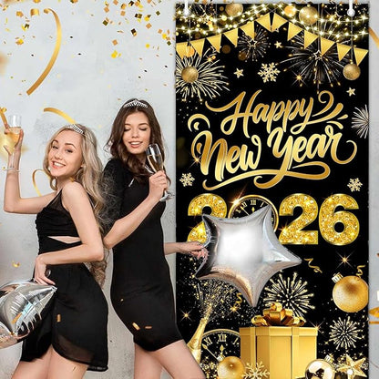 Black Gold Happy New Year 2026 Door Cover, Large 2026 NYE Front Door Banner New Year Eve Party Backdrop Decoration for Indoor Outdoor Festive NYE Hanging Sign