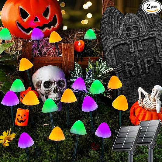 2PK 55FT 32LED Orange and Green Solar Mushroom Lights Outdoor, Solar String Light with 8 Lighting Modes Auto On/Off, Halloween Garden Lights for Witch Decorations