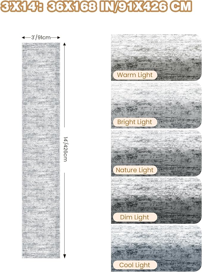 3x14 Washable Runner Rug for Hallway, Non-Slip Long Hallway Runner for Entryway, Soft Vintage Kitchen Mats for Floor, Abstract Dining Room, Bedroom, Living Room Rugs(3'x14', Grey/Ivory)