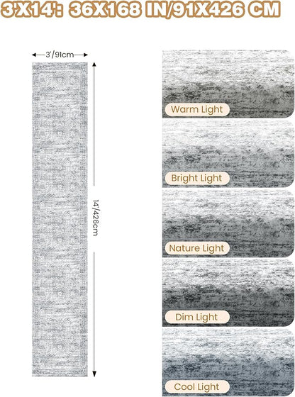 3x14 Washable Runner Rug for Hallway, Non-Slip Long Hallway Runner for Entryway, Soft Vintage Kitchen Mats for Floor, Abstract Dining Room, Bedroom, Living Room Rugs(3'x14', Grey/Ivory)