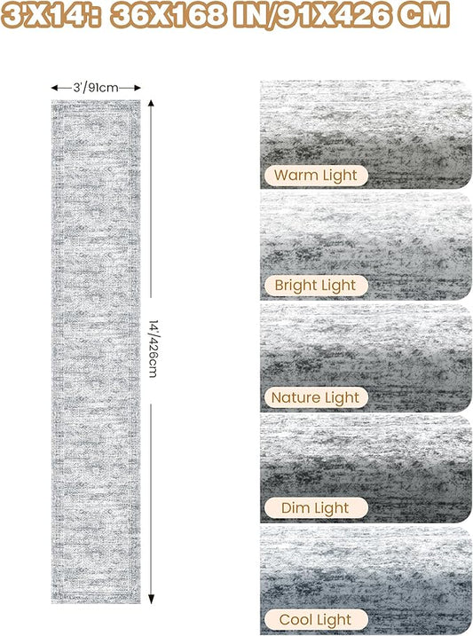 3x14 Washable Runner Rug for Hallway, Non-Slip Long Hallway Runner for Entryway, Soft Vintage Kitchen Mats for Floor, Abstract Dining Room, Bedroom, Living Room Rugs(3'x14', Grey/Ivory)