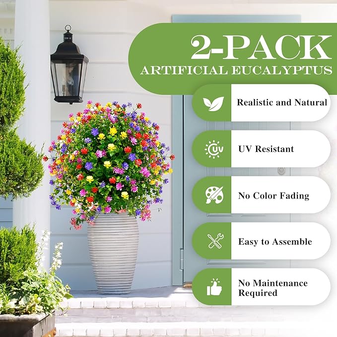 23" Artificial Topiary Boxwood Ball Trees with Ground Spike, Set of 2, UV Resistant Fake Bushes Plants with Camellia Flowers, Faux Cedar Balls Shrubs for Outdoor Indoor Front Porch Garden Decor