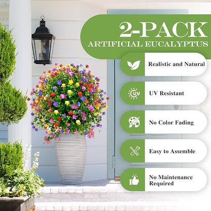 23" Artificial Topiary Boxwood Ball Trees with Ground Spike, Set of 2, UV Resistant Fake Bushes Plants with Camellia Flowers, Faux Cedar Balls Shrubs for Outdoor Indoor Front Porch Garden Decor