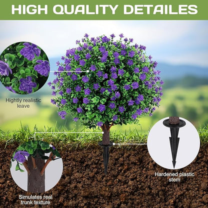 Artificial Purple Flower Topiary Ball Tree 25" with Ground Spike, Set of 2 Artificial Boxwood Bushes for Faux Shrubs, Fake Evergreen Faux Plant for Indoor Outdoor Garden -UV Resistant–Fade-Proof