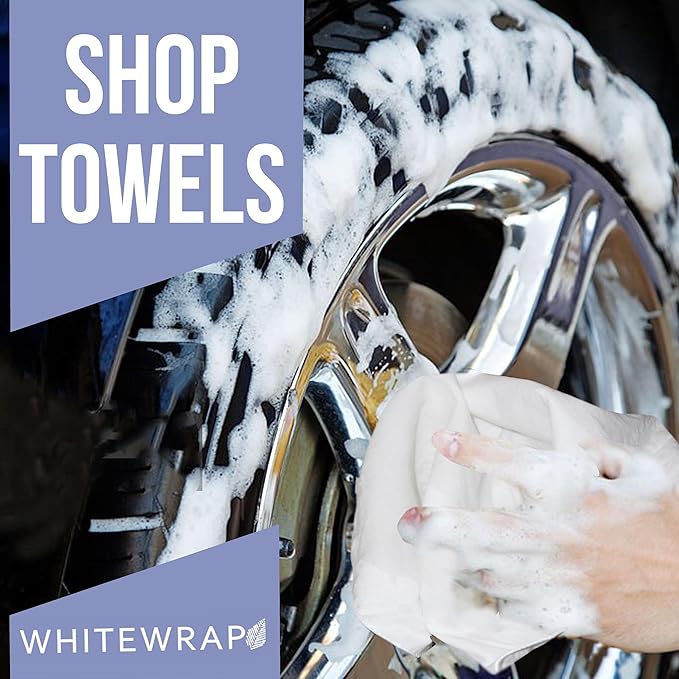 WHITEWRAP Shop Towels| Multipurpose Commercial and Residential Shop Cleaning| Car Wash, Polish, Housewares, Coffee Machine, Restaurant, Bathrooms, Electronics, Auto Garage | 50 Pack 14"x12" White