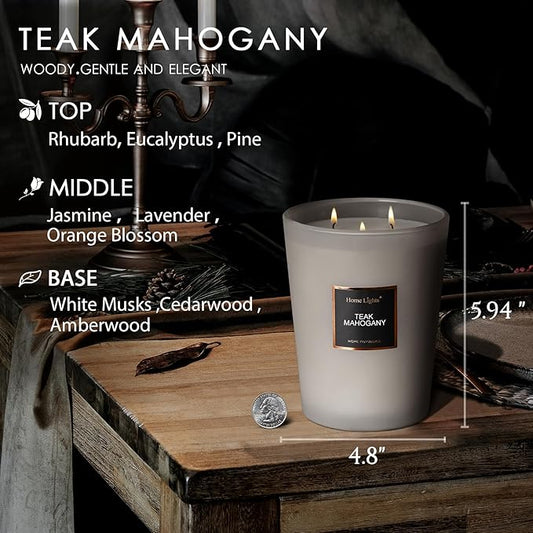 HomeLights Premium Scented Candles - 33.3 oz Natural Soy Wax, Aromatherapy for Home, Long Lasting Smokeless, 130 hrs Burn Time, 3 Cotton Wicks, Gifts for Women & Men - Teak Mahogany