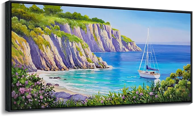 QZQCBLC Large Blue Wall Art, Purple Wildflowers Coastal Sailboat Mountain Canvas Pictures Modern Ocean Landscape Paintings Artwork for Living room Bedroom Home Office Framed Beach Decor 29x58