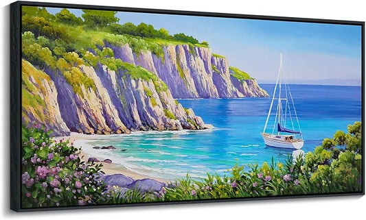 QZQCBLC Large Blue Wall Art, Purple Wildflowers Coastal Sailboat Mountain Canvas Pictures Modern Ocean Landscape Paintings Artwork for Living room Bedroom Home Office Framed Beach Decor 29x58