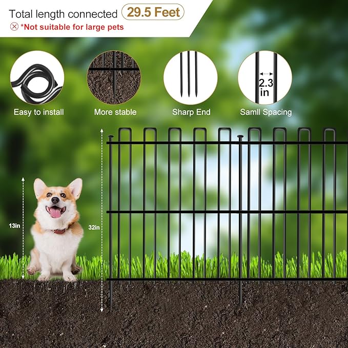 15 Panels No Dig Animal Barrier Fence, 32in(H) x 30ft(L) Garden Edging Border Fencing, Rustproof Metal Stakes Decorative Garden Fence, Dog Digging Defense Fencing Barrier for Outdoor, Yard, Patio
