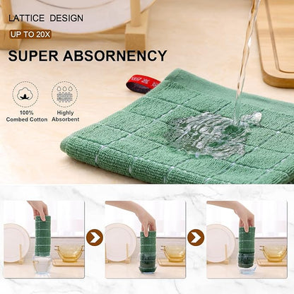 Mordimy 100% Cotton Terrycloth Kitchen Towels and Dishcloths Sets, Soft and Absorbent Checkered Dish Towels, Quick Drying Dish Rags for Washing Dishes, 4 Pack 16" x 26" & 4 Pack 12" x 12", Grass Green
