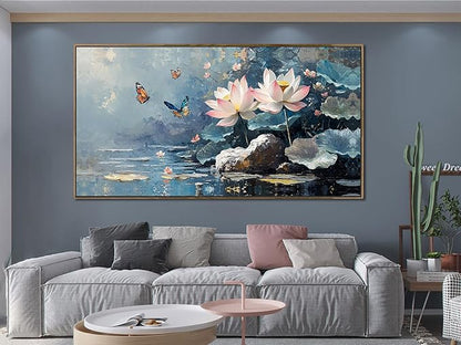 Ardemy Lotus Floral Canvas Wall Art Lrage Framed Pictures Wall Decor Living Room Flower Paintings Artwork for Walls Bedroom Kitchen Dining Room Home Office, 58"x29"