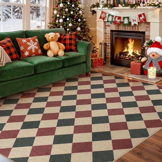 Lahome Christmas Rugs for Living Room, 8x10 Christmas Decorations Red and Green Rug, Checkered Outdoor Non Slip Non Shedding Xmas Decor for Bedroom Dining Room Deck