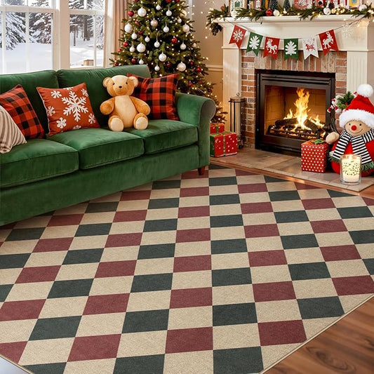 Lahome Christmas Rugs for Living Room, 8x10 Christmas Decorations Red and Green Rug, Checkered Outdoor Non Slip Non Shedding Xmas Decor for Bedroom Dining Room Deck