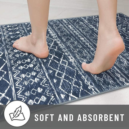 KUTA Boho Runners for Hallways 2x8 Navy Blue Moroccan Washable Runner Rug Non-Slip Vintage Kitchen Rugs Ultra Soft Distressed Geometric Floor Carpet for Bedroom Laundry Living Room