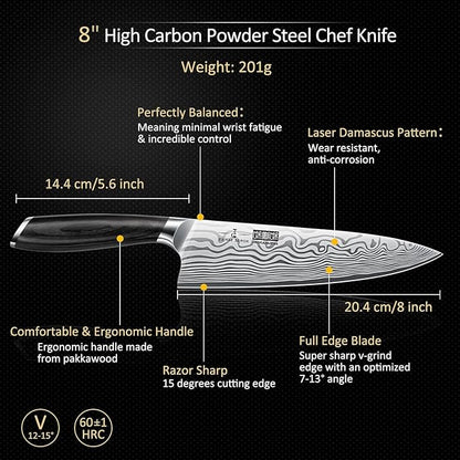 8 Pieces Knife Set with Magnetic Block, Ultra Sharp Powder Steel Knife Block Set, Professional Chef Knife Sets with Ergonomic Handle & Knife Sharpener