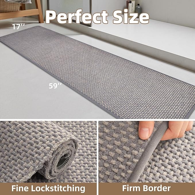 PADOOR-Bath Mat Runner-Super Absorbent Chenille Bathroom Mats-Rubber Backed Bath Mats for Bathroom Non Slip, Easy Clean Bathroom Runner Rugs Front of Bathtub,Shower Room,Sink-17×59, Grey&Beige