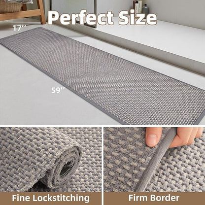 PADOOR-Bath Mat Runner-Super Absorbent Chenille Bathroom Mats-Rubber Backed Bath Mats for Bathroom Non Slip, Easy Clean Bathroom Runner Rugs Front of Bathtub,Shower Room,Sink-17×59, Grey&Beige