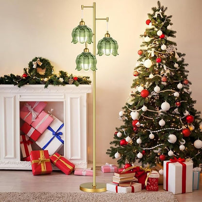 Gold Floor Lamp for Living Room Bedroom,3 Lights Modern Floor Lamps with Unique Green Glass Shades,68IN Mid Century Tall Standing Lamp,Vintage Tree Floor Lamp for Corner Office Reading Bulb Included