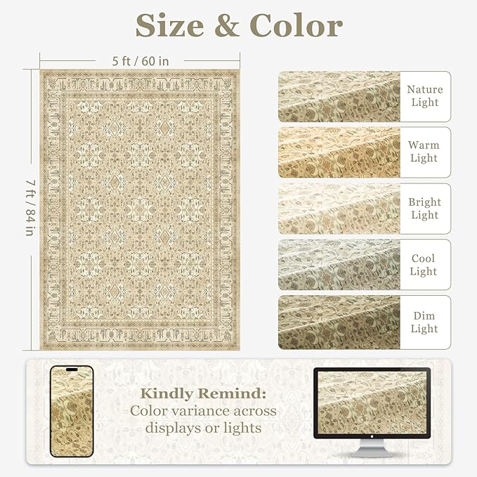 Warm Beige Area Rug 5x7, Non Slip Washable Rugs for Living Room Bedroom Low Pile Thin, Boho Neutral Floral Moroccan Pattern Printed Carpet Rug for Nursery Playroom Dining Room Home Office