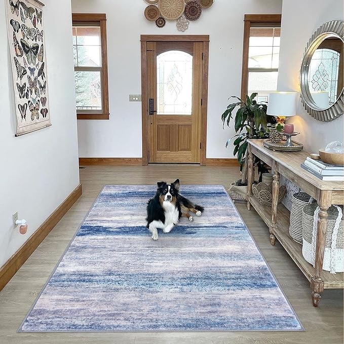 KOZYFLY Washable Area Rug 5x7 Modern Ombre Thin Rugs for Living Room Non-Slip Soft Striped Area Rug for Bedroom, Print Blue/Grey/Beige Abstract Carpet for Kid Room