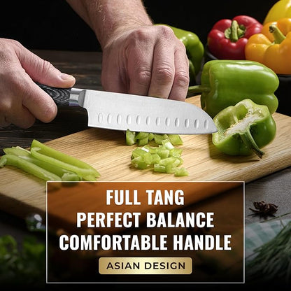 Santoku Knife – Ultra Sharp 5 Inch Meat and Vegetable Japanese Knife for Chopping, High Carbon Stainless Steel Blade, Full Tang Pakkawood Handle – Shinobi Series