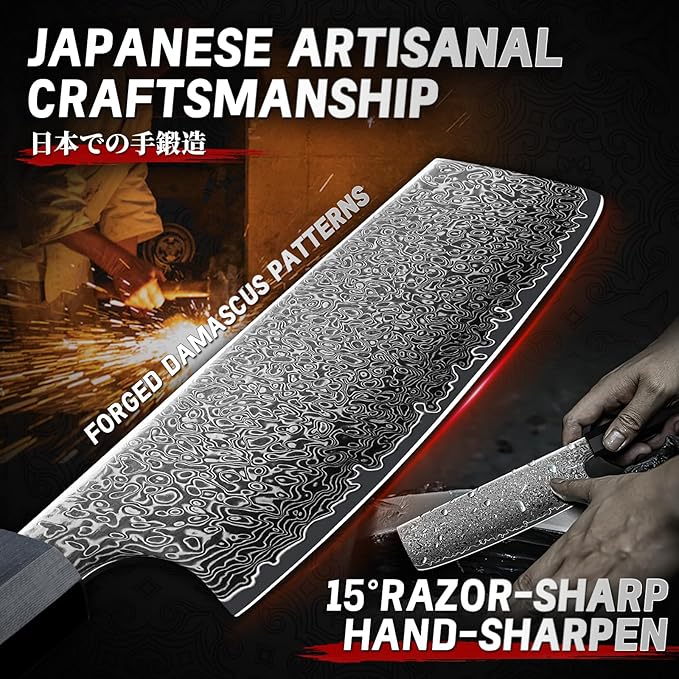 TIVOLI Damascus Nakiri Knife, Hand-ground Sharp Edge Meat Cleaver Kitchen Knives with 67-Layer Hand-Forged VG10 High Carbon Steel for Chopping Vegetable, Octagonal Handle，GIft for Dad,Mom
