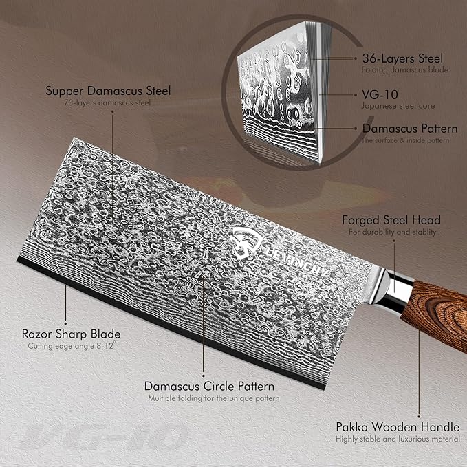 Damascus 8 inch Cleaver Knife, Professional Handmade Damascus Stainless Steel Kitchen Knife, Superb Edge Retention, Stain & Corrosion Resistant, Ergonomic PAKKA Wood Handle