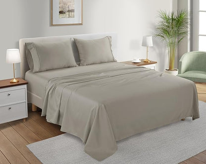 Organic Cotton Sheets Full Size Bed Set Deep Pockets, 300 TC Cotton Full Sheet Set, Soft Breathable Sateen Weave Elasticated Sheet & Pillowcase Sets, No Pill & Shrink, Machine Washable - Silver