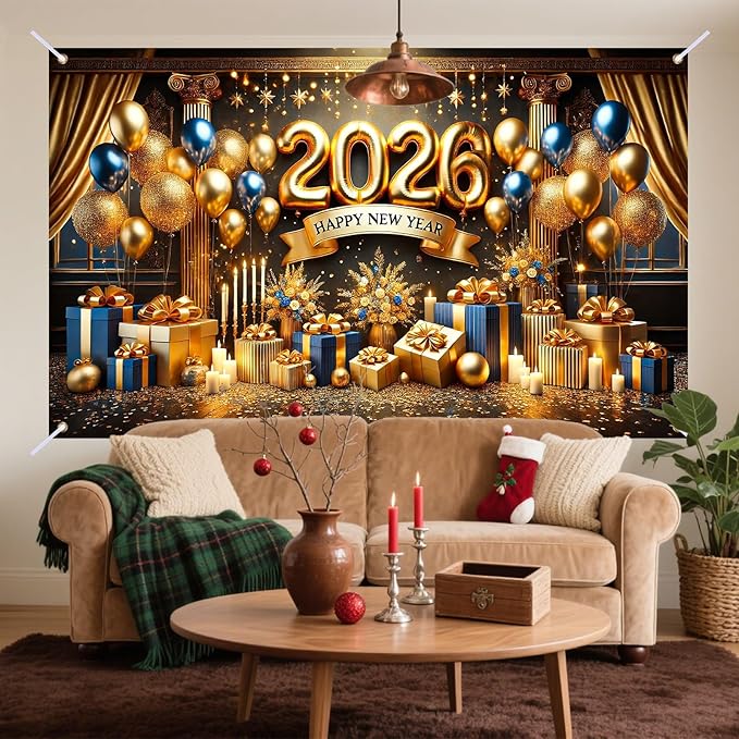 Nuxovilar Happy New Year Banner, 2026 Golden Chandeliers Backdrop for Party Decorations, 71x43 Inch