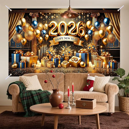 Nuxovilar Happy New Year Banner, 2026 Golden Chandeliers Backdrop for Party Decorations, 71x43 Inch